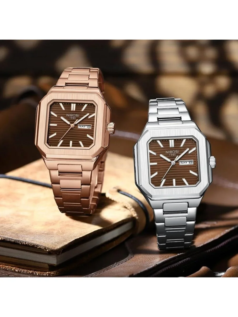 Nibosi Men's Rose Brown Analog Quartz Stainless Steel Waterproof Square Watch
